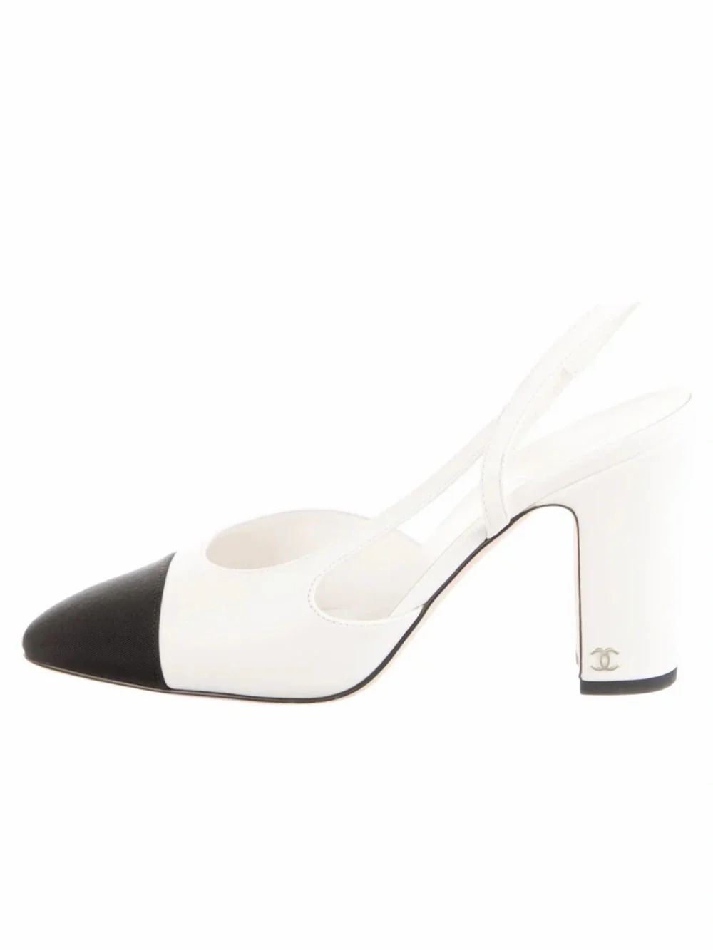 CHANEL White Leather Slingback Pump with Black Cap Toe